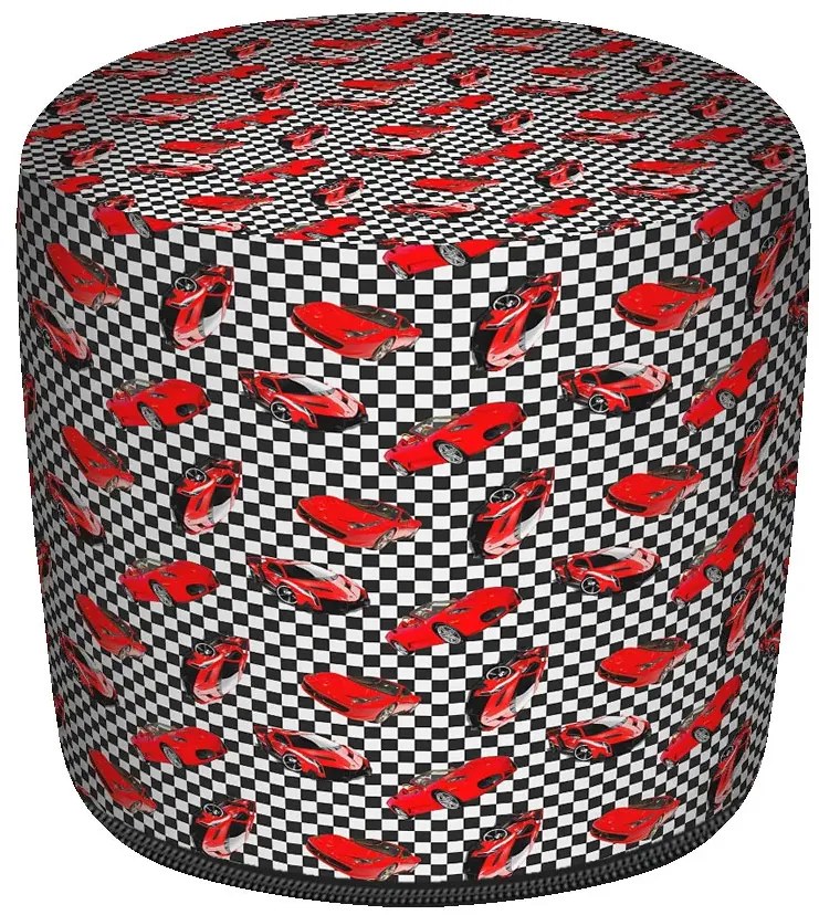Czerwono-czarna okrągła pufa dziecięca z autami R4-R87
