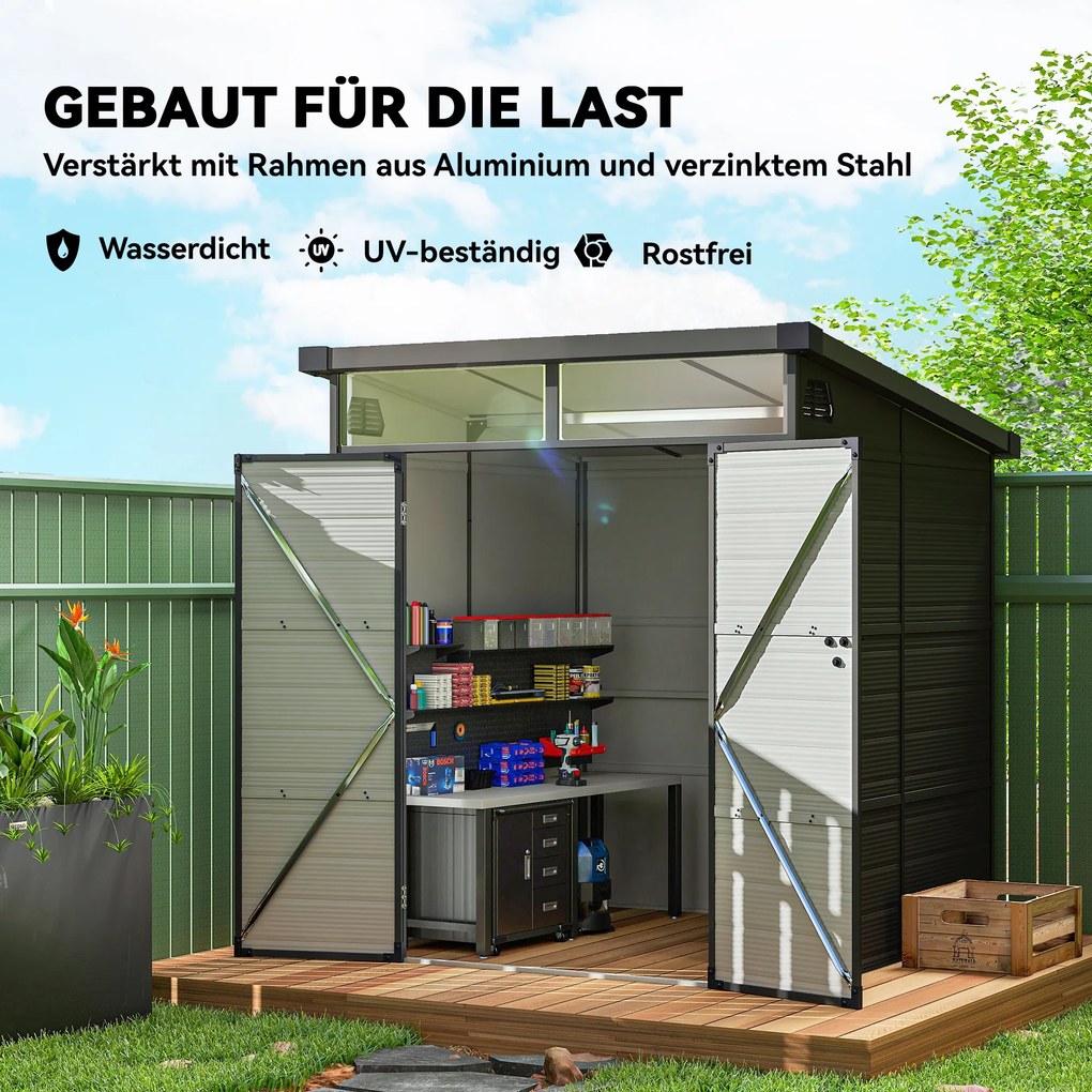 Outsunny 1,9 x 1,9 m Szopa Ogrodowa, Szopa na Narzędzia z Tworzywa Sztucznego, Drzwi Zamykane, 2 Otwory Wentylacyjne, Ciemnoszary