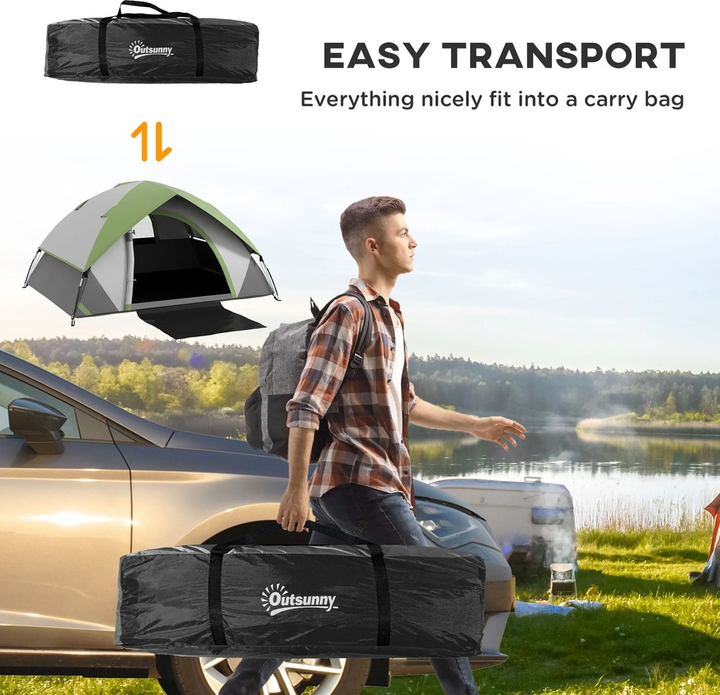 Outsunny Lekki, stabilny, wodoodporny namiot kopułowy dla 2 osób z drzwiami i oknem oraz torbą transportową Szary+Zielony