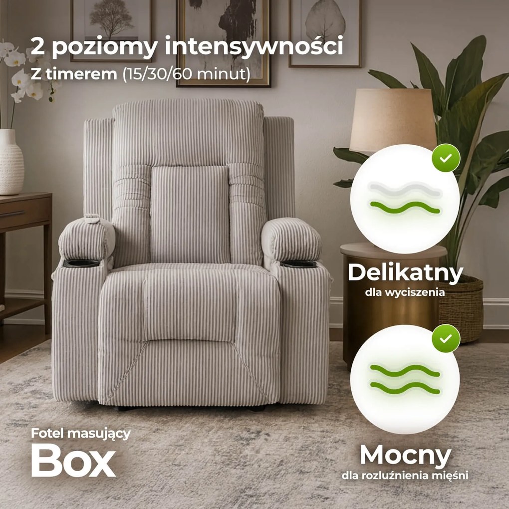 Fotel Masujący BOX Rozkładany Wypoczynkowy z Podnóżkiem Szary Sztruksowy Nowoczesny