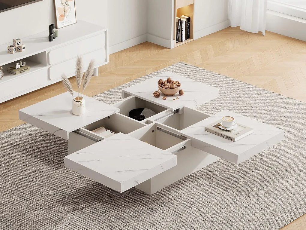 Stół kawowy kwadratowy z 4 szufladami - efekt marmuru - Biały