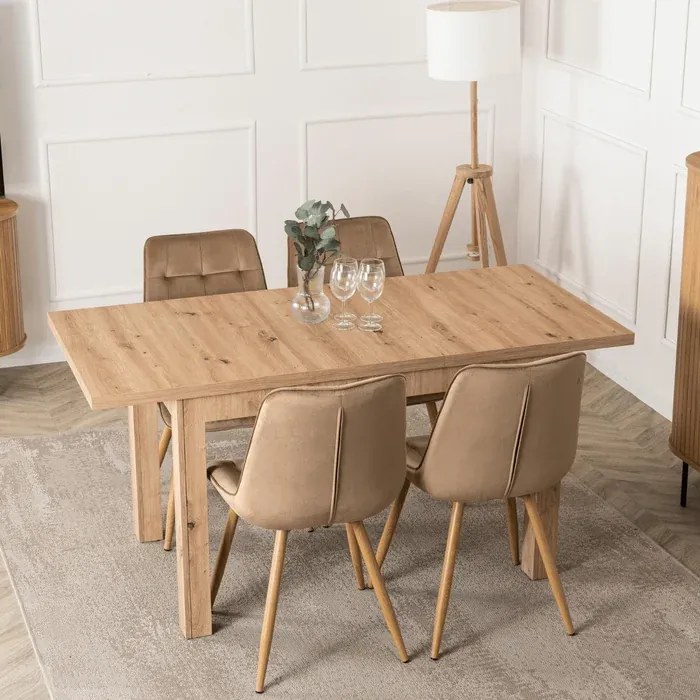 Zestaw Stół Prostokątny Rozkładany SKUBI 120-160 cm Dąb Artisan i 4 Krzesła Tapicerowane RODRI Beżowe
