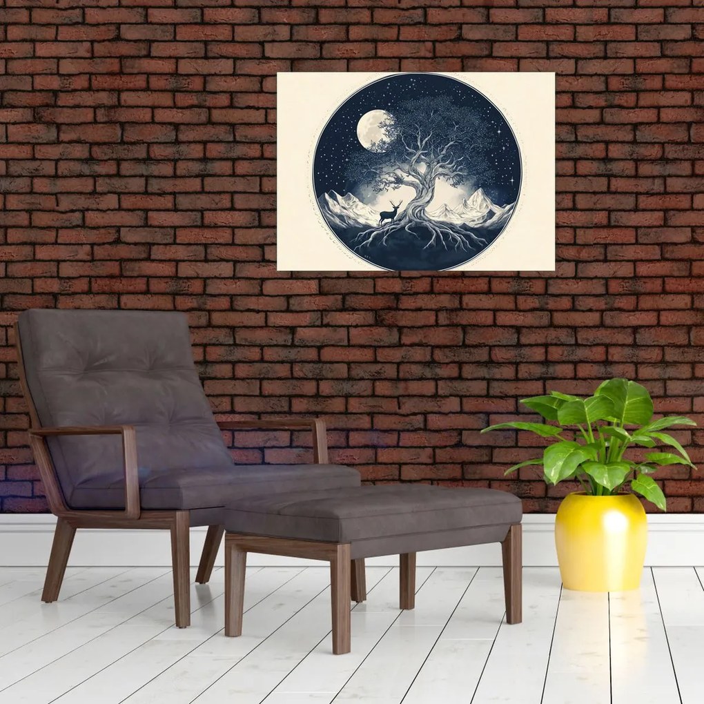 Obraz na szkle – Magiczne drzewo z jeleniem I. (70x50 cm)