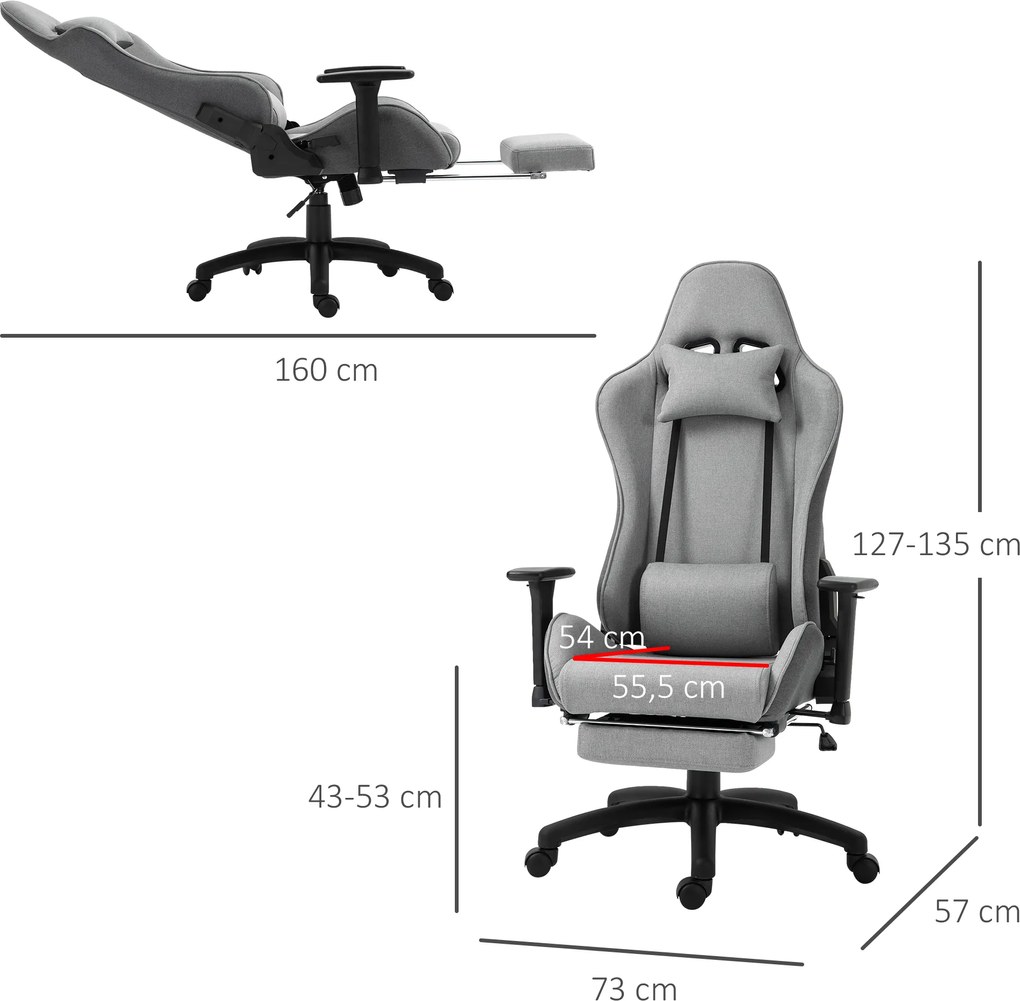 Vinsetto Fotel biurowy z regulowaną poduszką pod plecy ergonomiczny tkanina lniana szary | Aosom PL