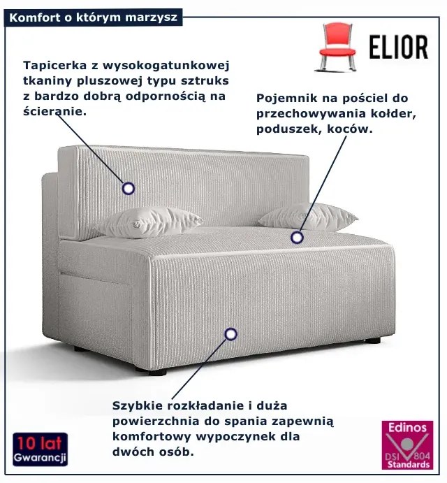 Biała sztruksowa sofa rozkładana z pojemnikiem L1-K41