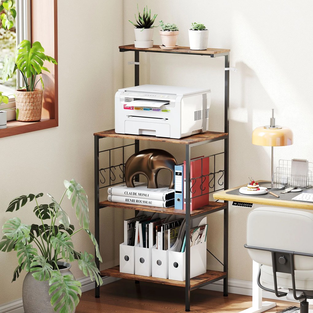 HOMCOM Regał kuchenny, 4-poziomowy design, powierzchnia robocza, 8 haczyków, metalowe rury, brązowy+czarny