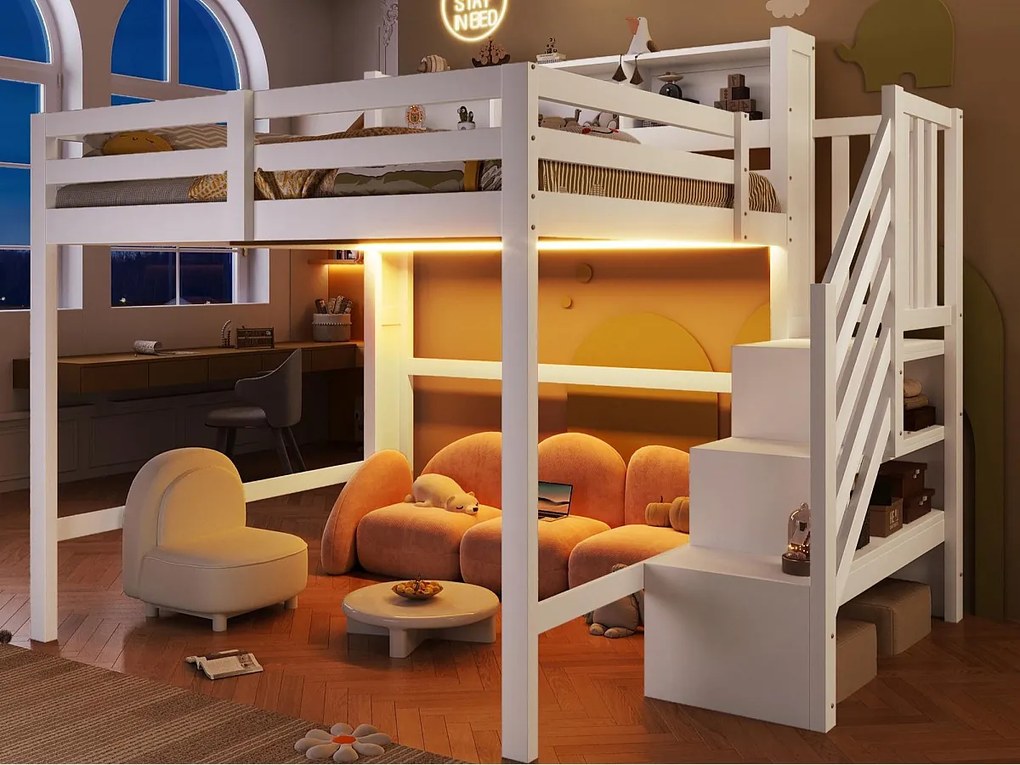 Łóżko na antresoli 140x200cm - z oświetleniem LED - z drabiną z pojemnikami - Biały​ (materac nie jest wliczony w cenę)