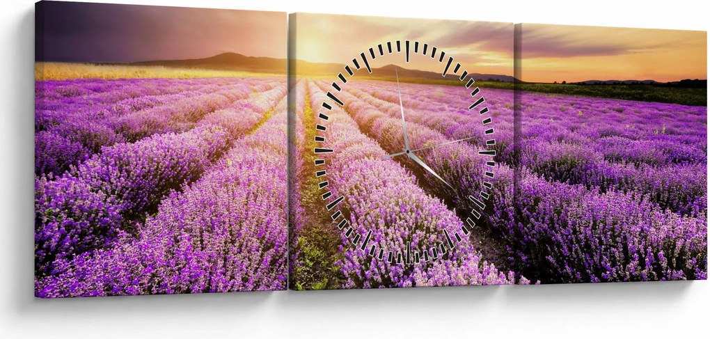 Obraz - Wschód słońca na polu lawendy (z zegarem) (90x30 cm)