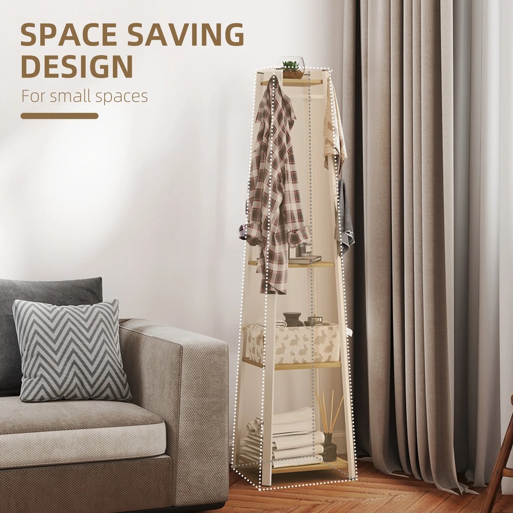 HOMCOM Wieszak na ubrania, design trapezowy, trzypoziomowy, 8 podwójnych haczyków, stalowy, Biały+Dąb