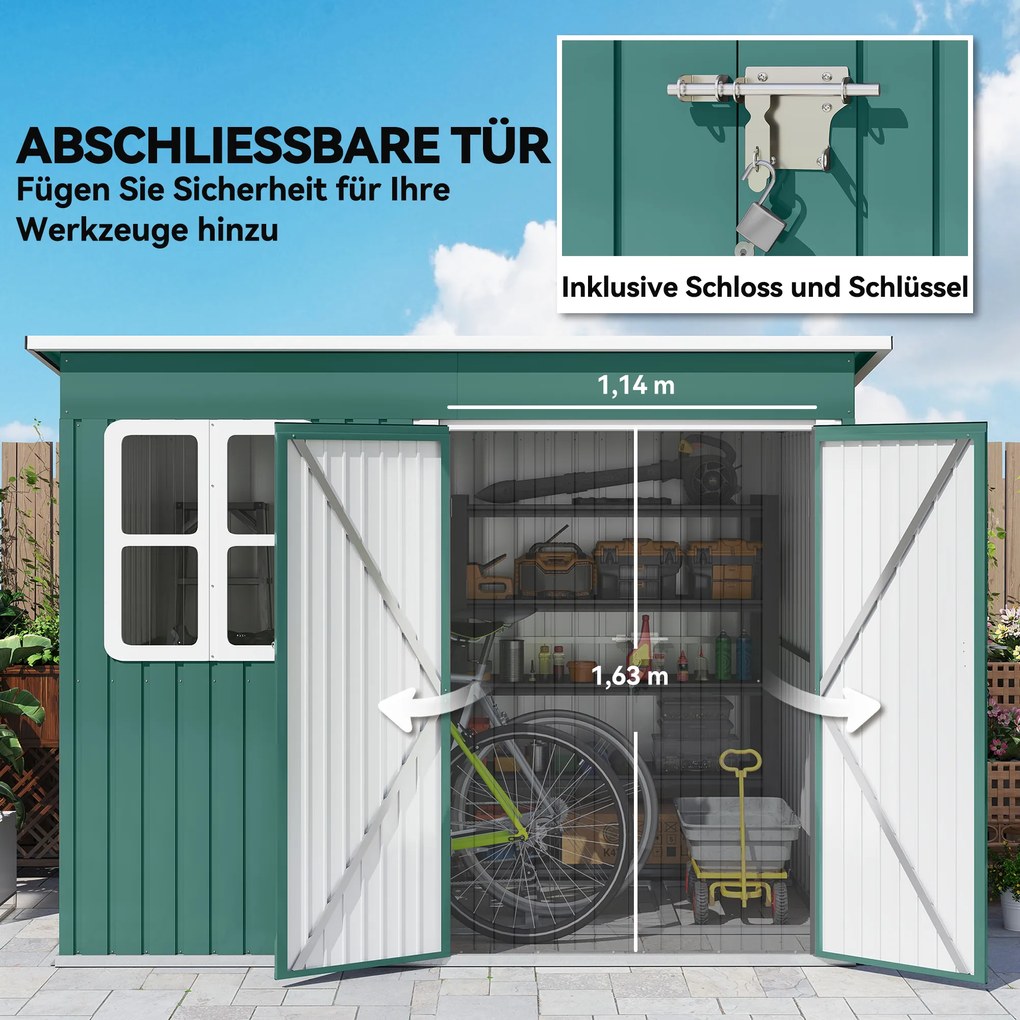 Outsunny Metalowy schowek do przechowywania narzędzi ogrodowych, z oknem, szerokie drzwi, 260 x 177 x 190 cm, zielony | Aosom PL