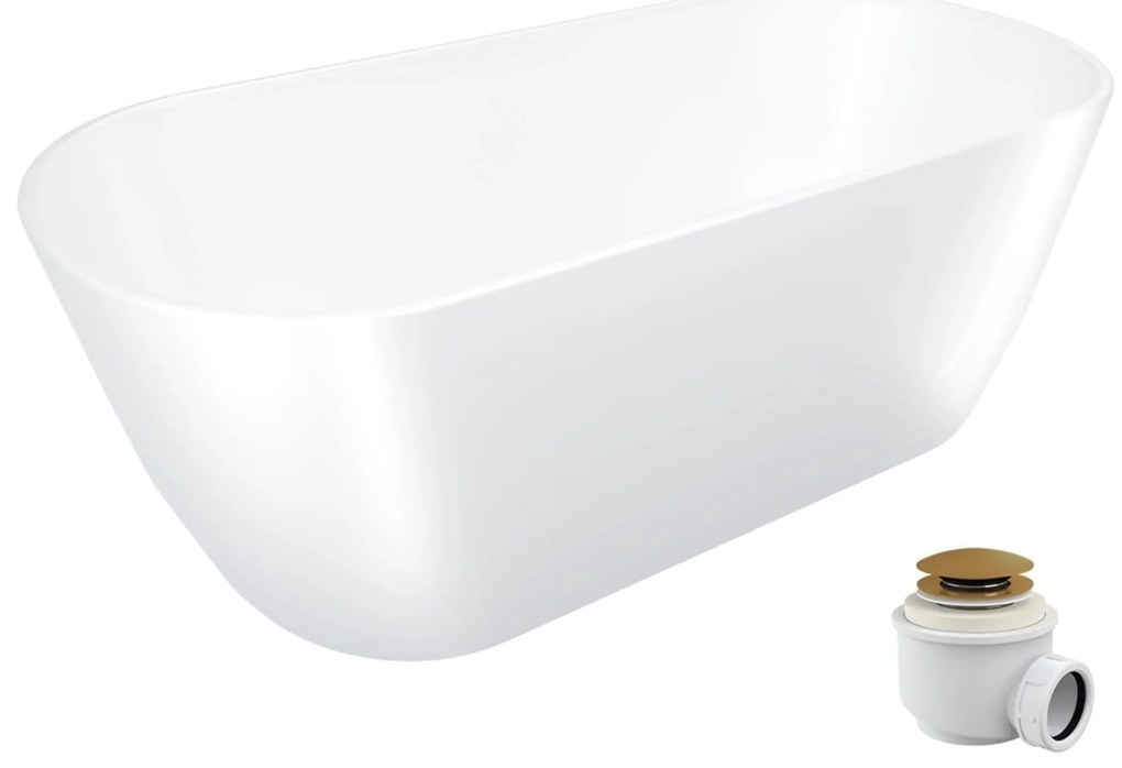 Wanna wolnostojąca VALO owalna biała z konglomeratu 165 x 75 cm bez przelewu cienki rant | Różne kolory korków : Kolor korka - Złoty