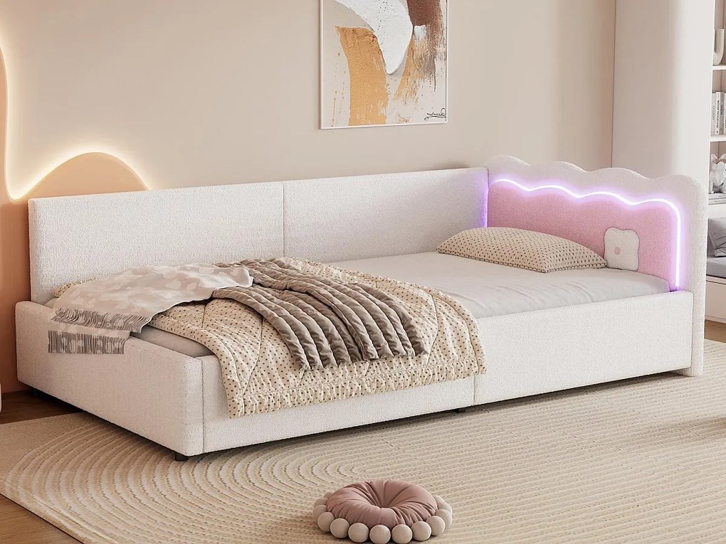 Łóżko z pojemnikiem 90x200 cm - z oświetleniem LED - z listwowym stelażem - Biały