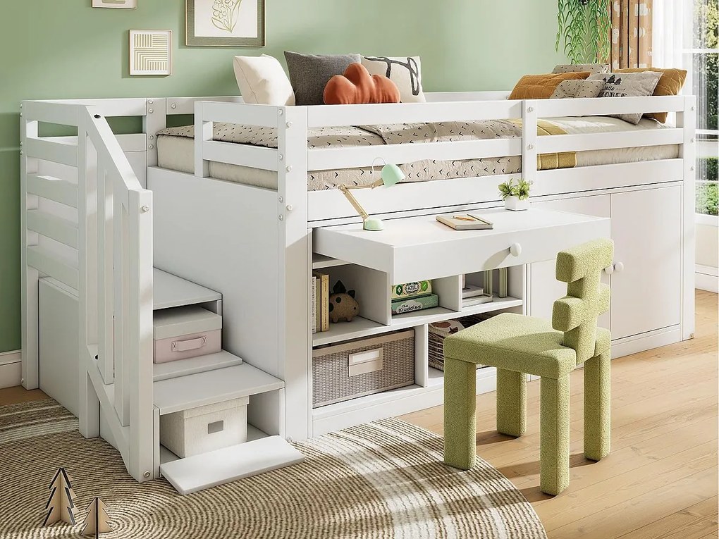 Wielofunkcyjne pojedyncze łóżko dziecięce z litego drewna - z miejscem do przechowywania, drabinką i wysuwanym stolikiem - 90x200cm - Białe