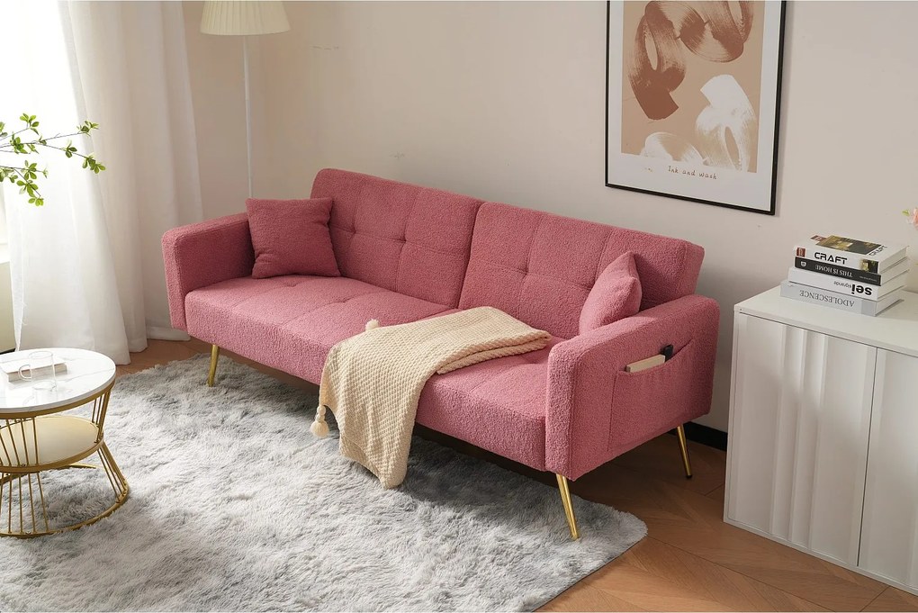 Sofa rozkładana 2-osobowa z tkaniny Sherpa - 175 x 64 x 72 cm - Złote metalowe nogi - Różowy