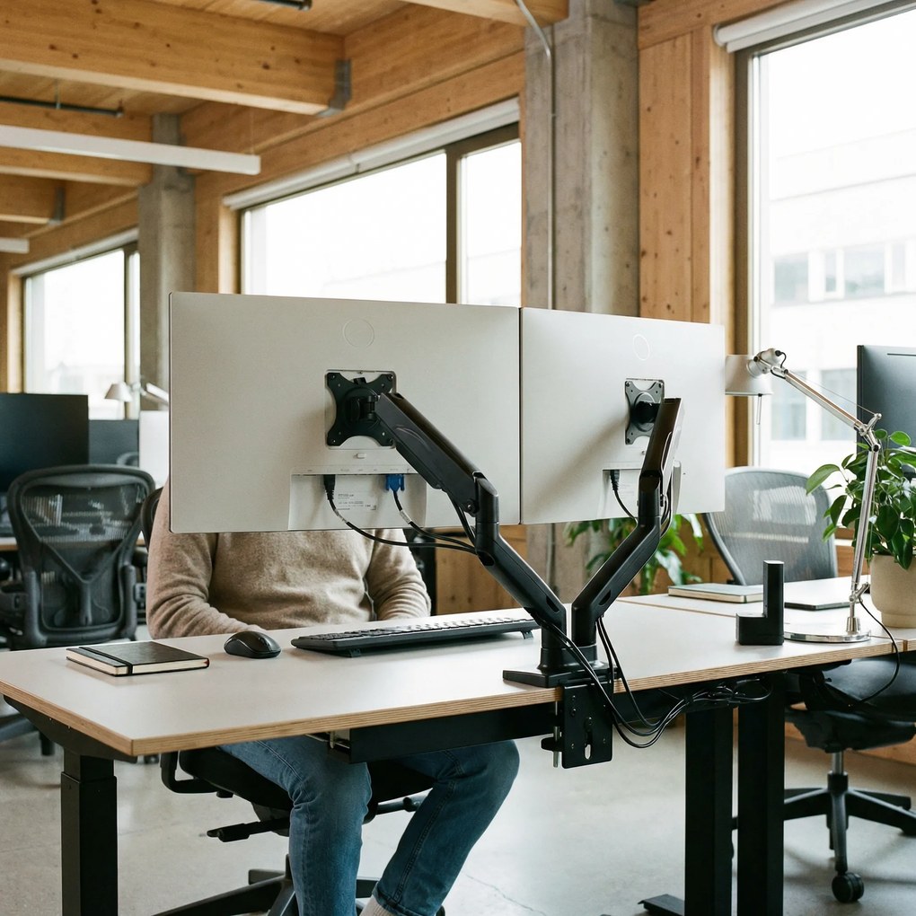 Biurkowy uchwyt na 2 monitory z ramieniem gazowym, 17–32"