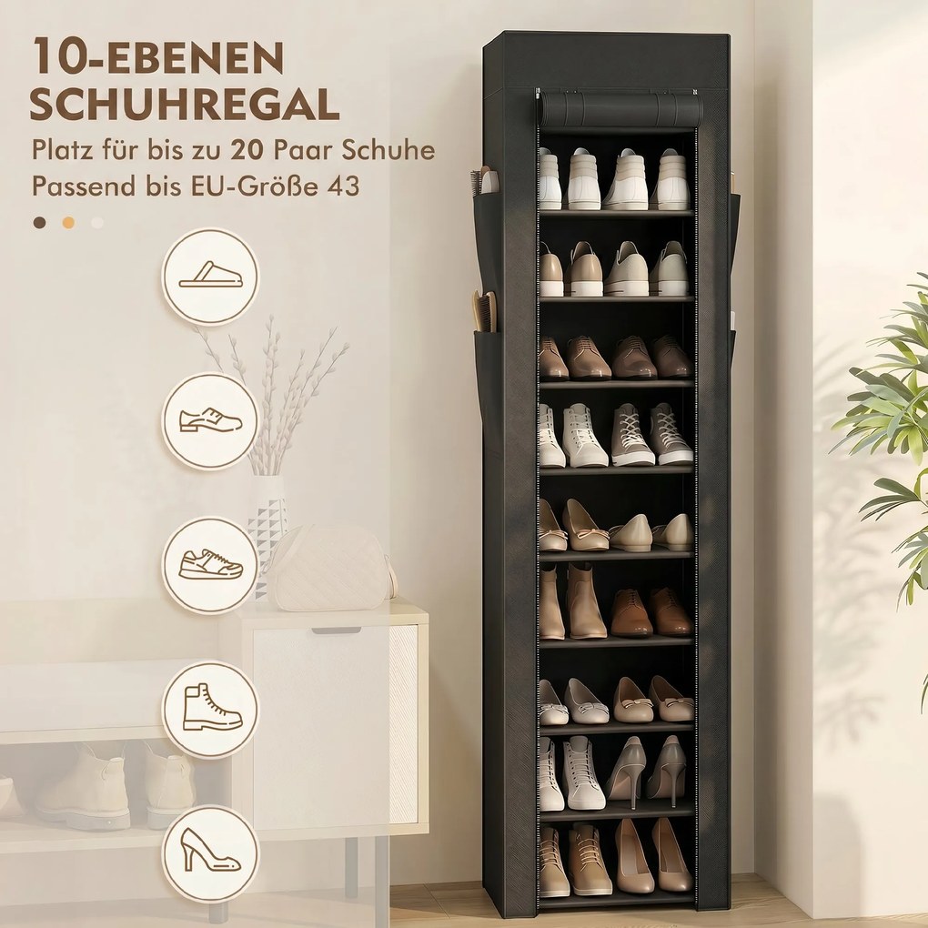 HOMCOM Regał na buty z metalu z materiałowym pokryciem chroniącym przed kurzem, do 20 par butów, 45 x 30 x 175 cm, Czarny | Aosom PL