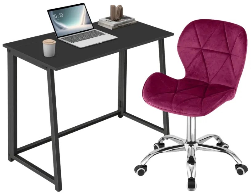 Zestaw do biura – składany stół ZARIMO 80×40 cm czarny + krzesło biurowe AVOLA VELVET burgundowe