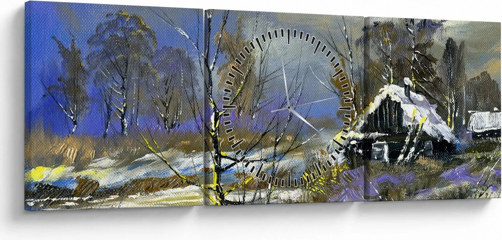 Obraz chaty w zimowym krajobrazie, obraz olejny (z zegarem) (90x30 cm)