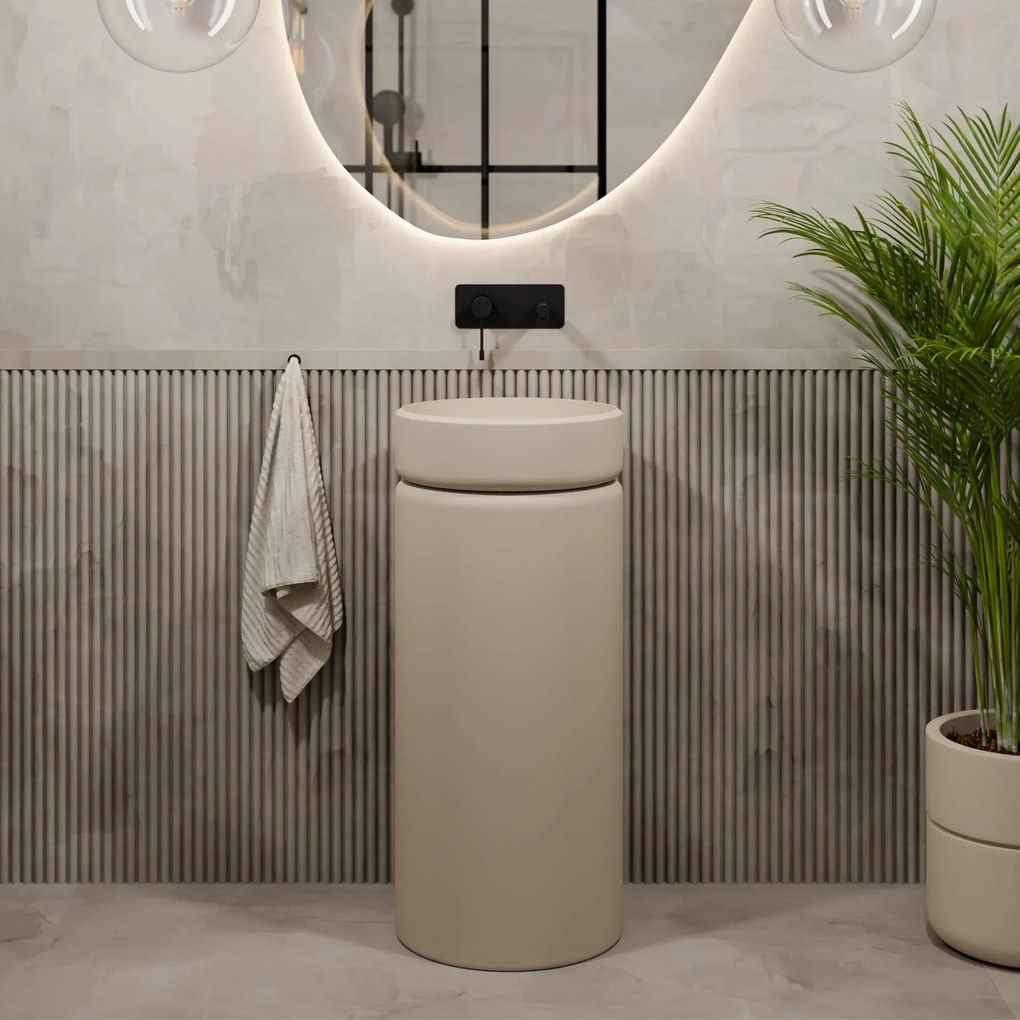 Umywalka z konglomeratu wolnostojąca okrągła beżowa matowa 85 x 40 cm RONA Beige Matt : Podłączenie syfonu - Do podłogi