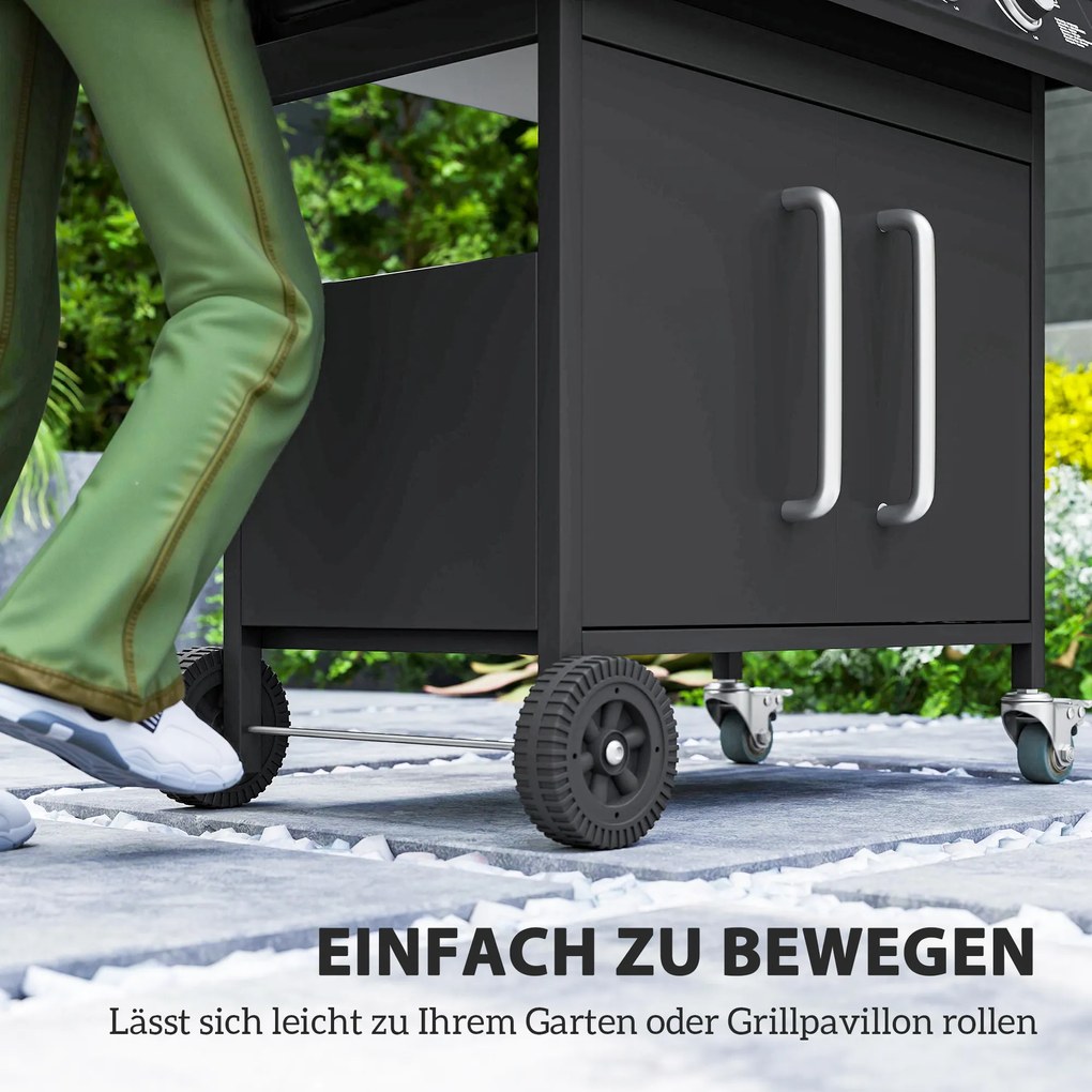 Outsunny Grill Gazowy 15,2 KW na Wózku z 5 Palnikami Nierdzewnymi Boczny Palnik 129,5 x 56 x 110 cm Czarny