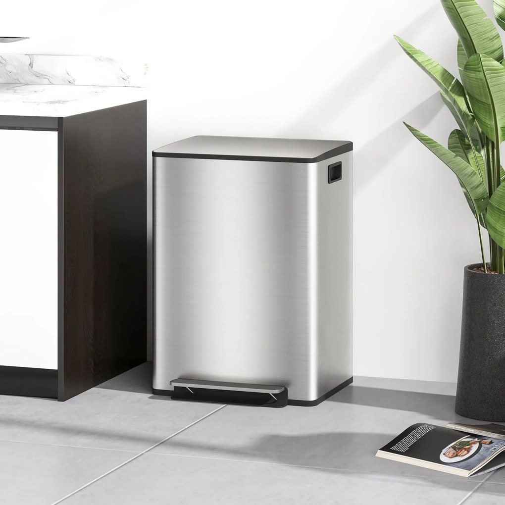 HOMCOM Kosz na śmieci z 2x30 l komorami, pokrywa Soft-Close, odporny na odciski, stal nierdzewna, srebrny | Aosom PL