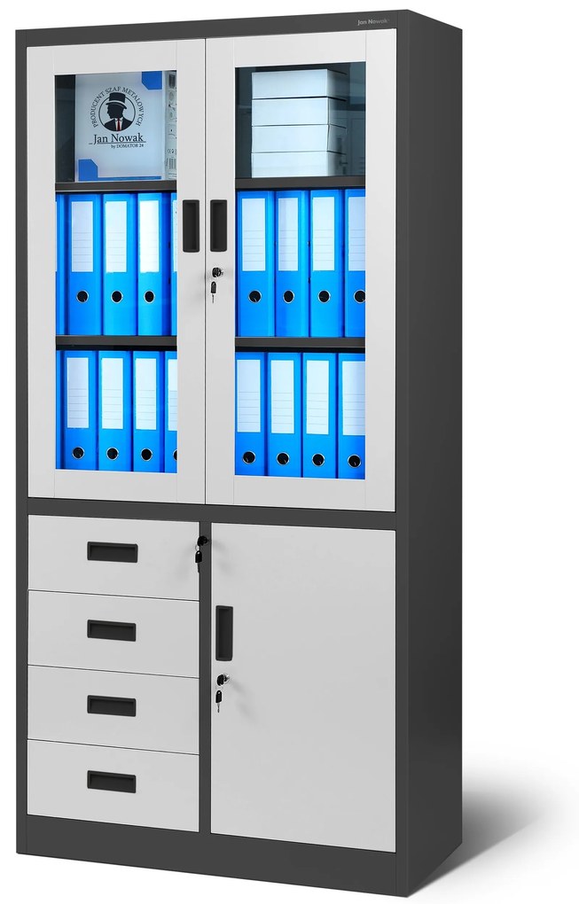 Biurowa przeszklona szafa metalowa na akta z szufladami WIOLA, 900 x 1850 x 400 mm, antracytowo-biała