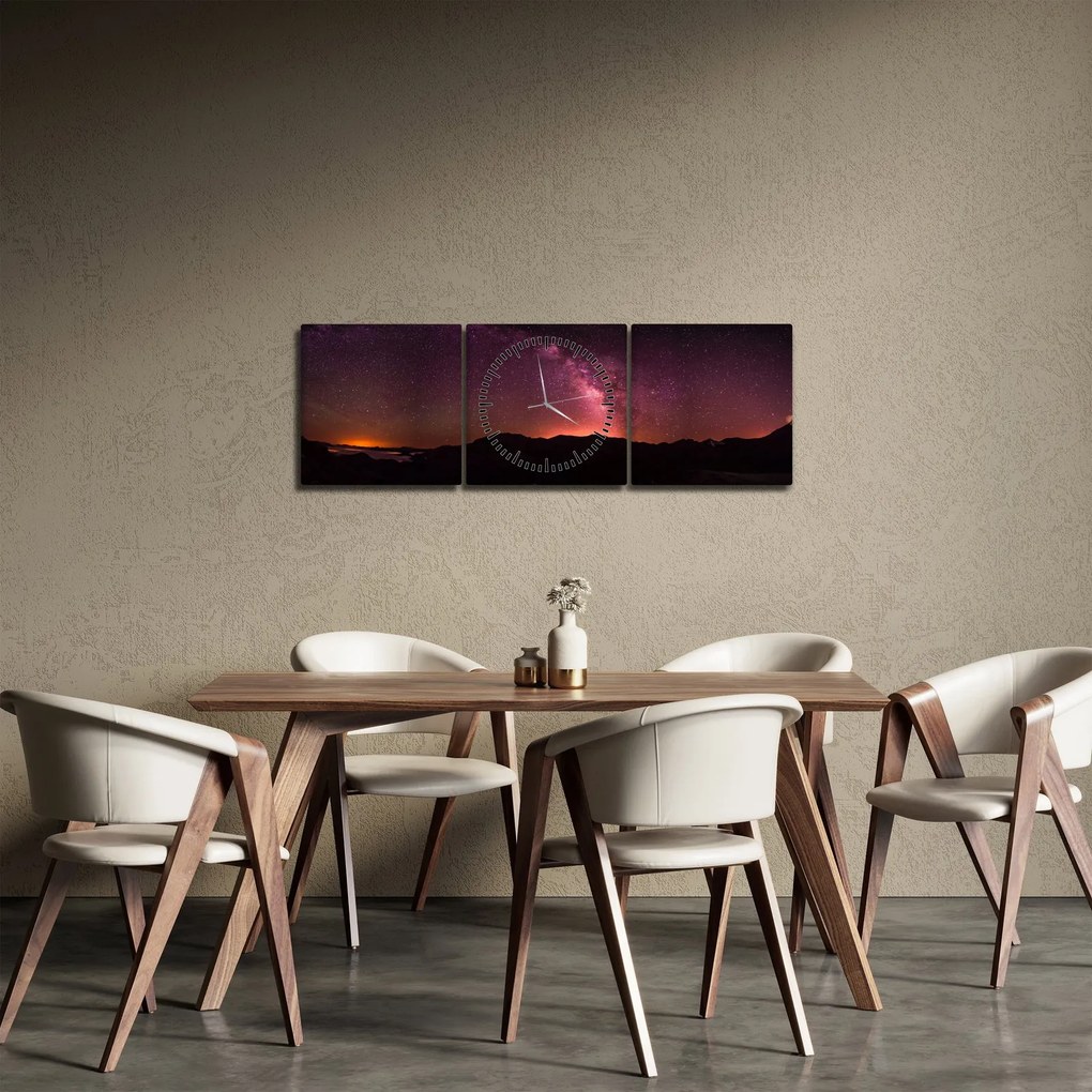Obraz różowej Drogi Mlecznej (z zegarem) (90x30 cm)