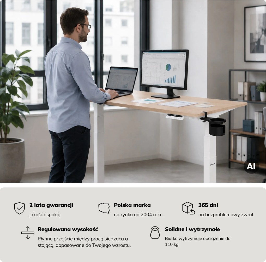 Biurko elektryczne z regulacją wysokości ergonomiczne białe/dąb sonoma,1400x700 mm: ARIA