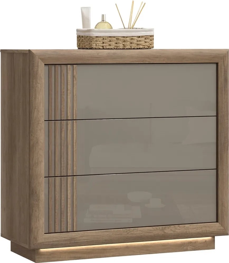 Komoda do sypialni z 3 szufladami Savona 211B, dąb antyczny/beżowy połysk