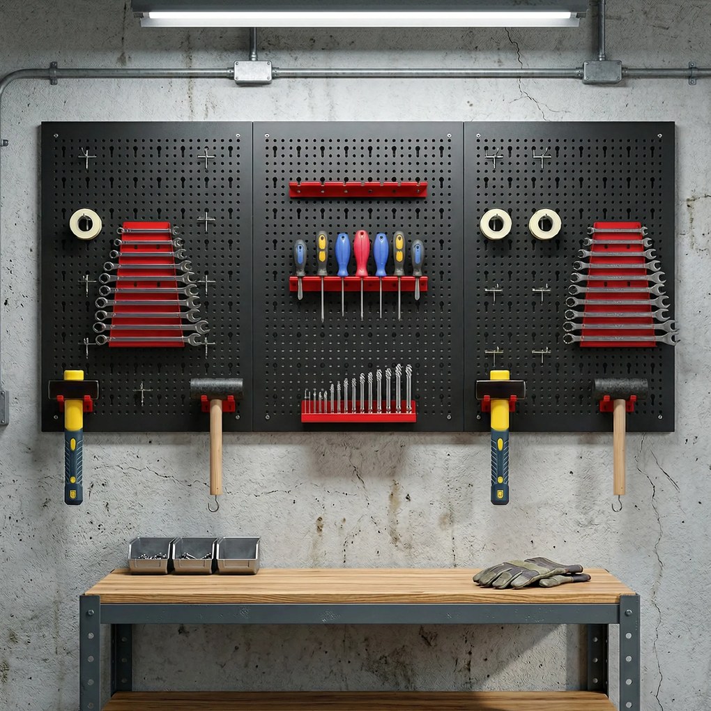 HOMCOM System przechowywania, tablica narzędziowa 60 x 40 cm, 28 elementów, z haczykami i półkami, czerwono-czarny | Aosom PL