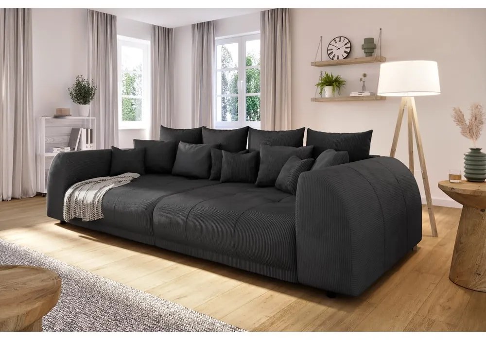 Czarna sztruksowa rozkładana sofa 310 cm Vanessa – Ropez