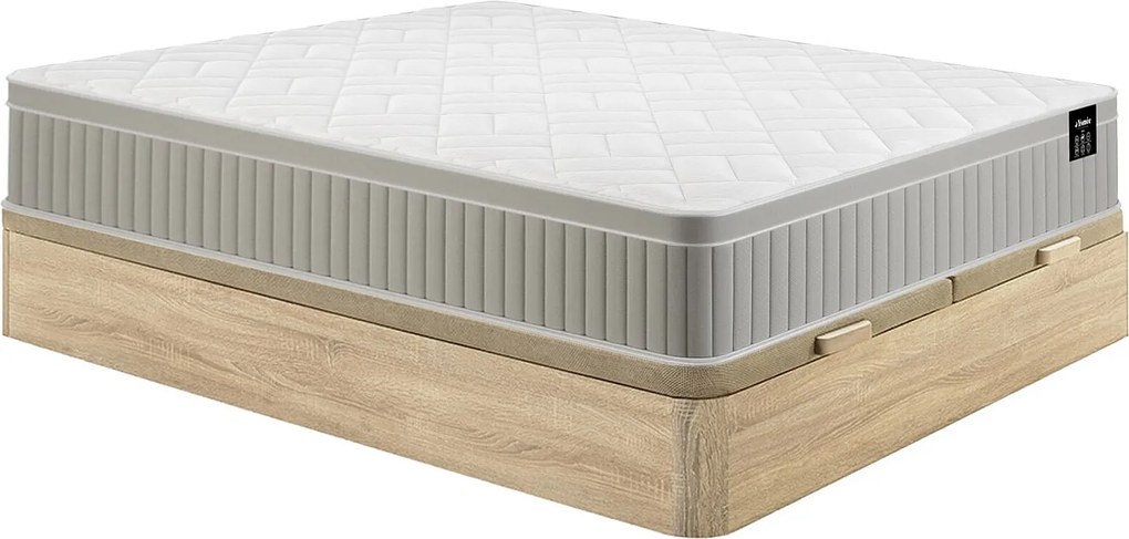 Zestaw 180 x 200 cm stelaż ze skrzynią  jasny naturalny + materac piankowy i żelowy z pamięcią kształtu 7 stref gr. 22 cm - SOMIRA marki YSMÉE