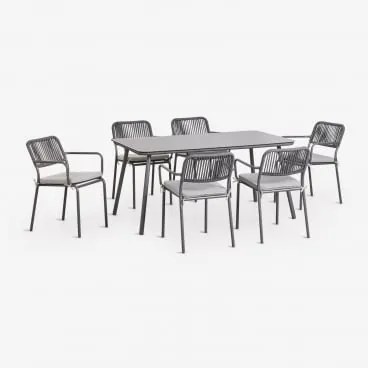 Zestaw Stołu Prostokątnego 160x90 Cm I 6 Sztaplowanych Krzeseł Jadalnianych Z Plecionej Liny Arhiza Grafitowa Szarość - Sklum