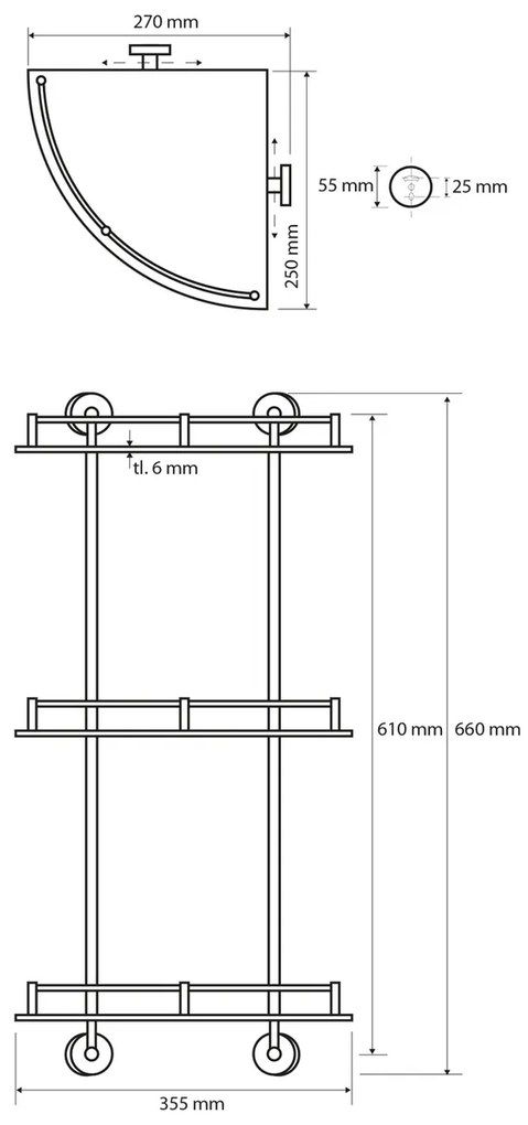 SAPHO XR606 X-Round E półka narożna potrójna zdrążkiem, 27 x 66 x 27 cm