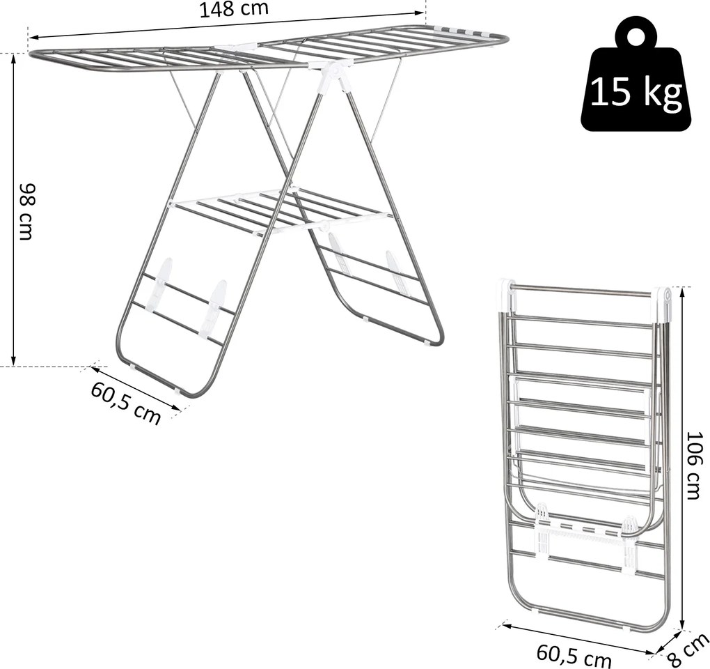 Składana suszarka do ubrań HOMCOM, przenośny suszarka na skrzydła, suszarka stojąca z teleskopowymi drążkami, stal nierdzewna, plastik, Srebrny, Biały, 60,5 x 148 x 98 cm