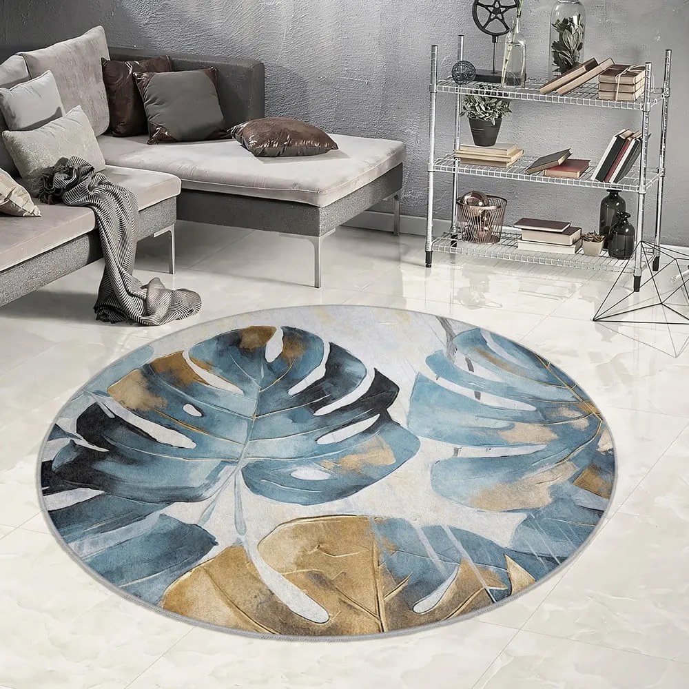 Niebieski okrągły dywan odpowiedni do prania ø 100 cm Golden Leaves – Mila Home