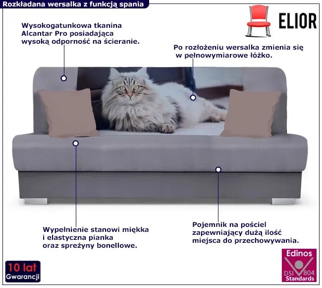 Szara wersalka rozkładana z kotem K8-S65