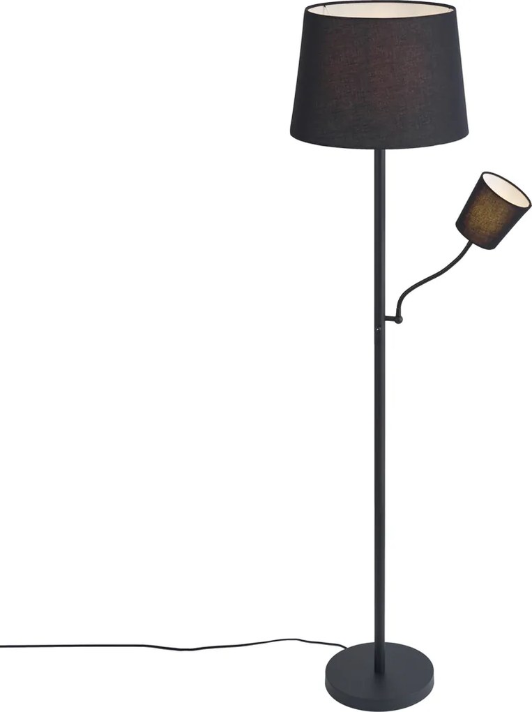 Klasyczna lampa podłogowa czarna z czarnym kloszem i lampką do czytania - Retro