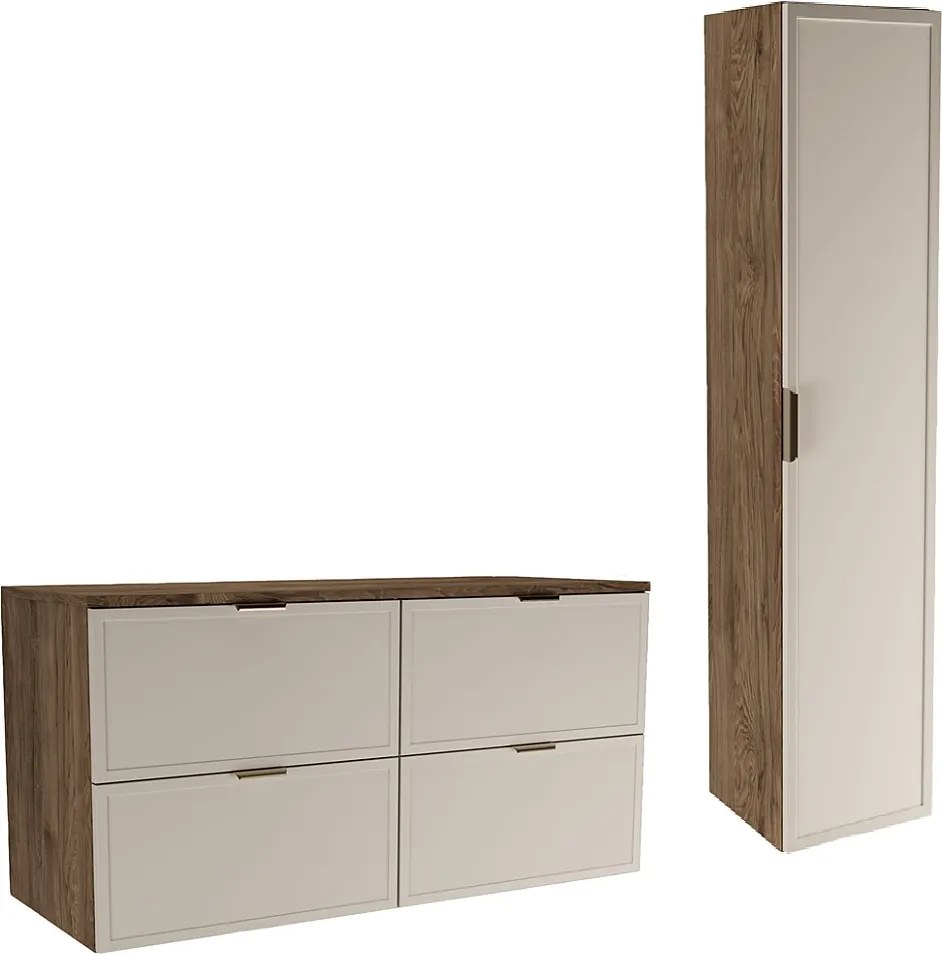 Zestaw do Łazienki 120cm Szafka z Blatem Słupek Fronty Ramka Dąb Orzech / Kaszmir Roma