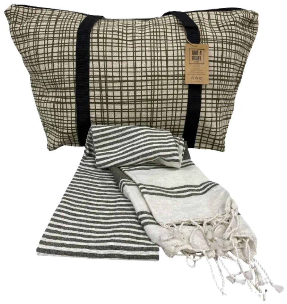 Stylowy zestaw torby plażowej + ręcznika HAMAM 75x150 cm, khaki, 100% bawełna organiczna