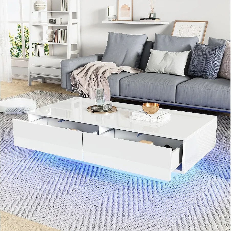 Nowoczesny stolik kawowy z połyskiem i 2 szufladami - 115 x 55 x 34 cm - diody LED - płyta wiórowa - czarny