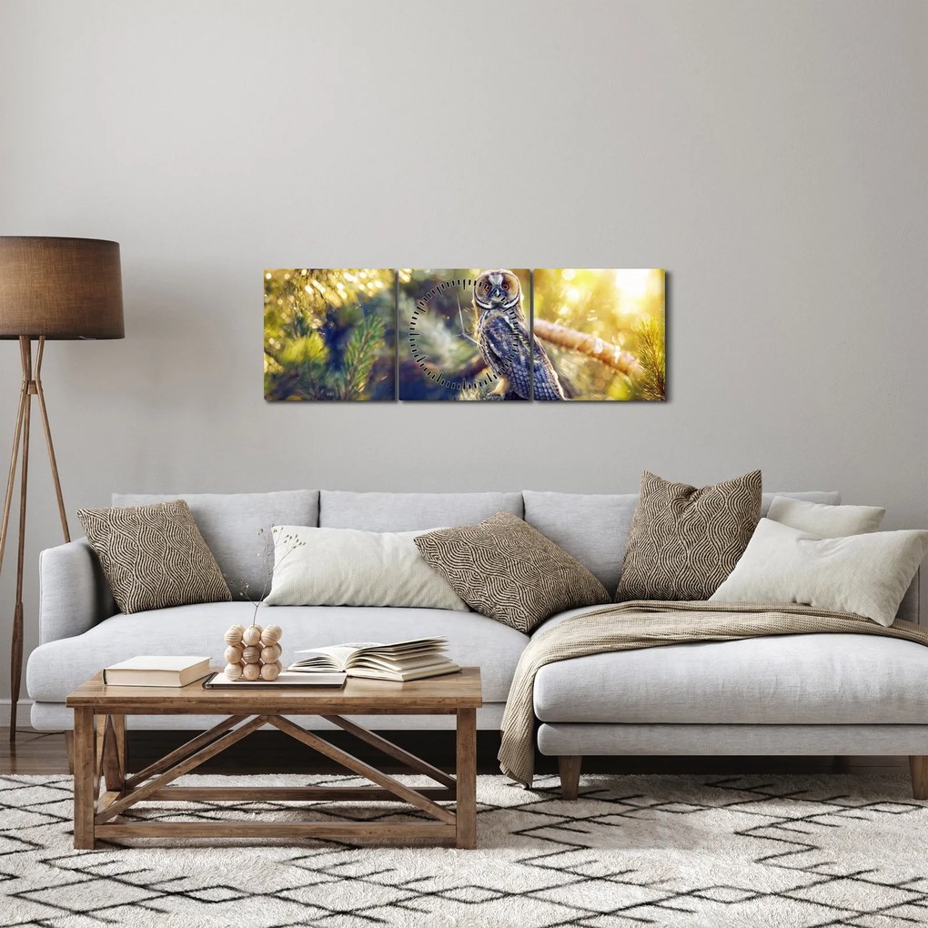 Obraz sowy na drzewie (z zegarem) (90x30 cm)
