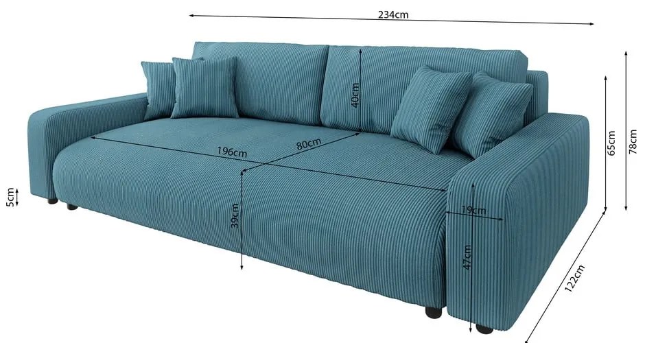 Turkusowa sztruksowa rozkładana sofa ze schowkiem 234 cm Sara – Ropez