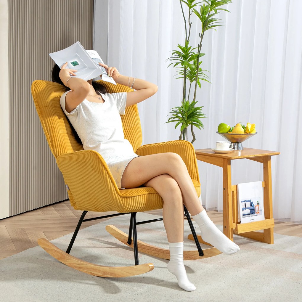 HOMCOM Krzesło bujane vintage, zakrzywione płózki, grube wypełnienie, buk & stal, Żółte