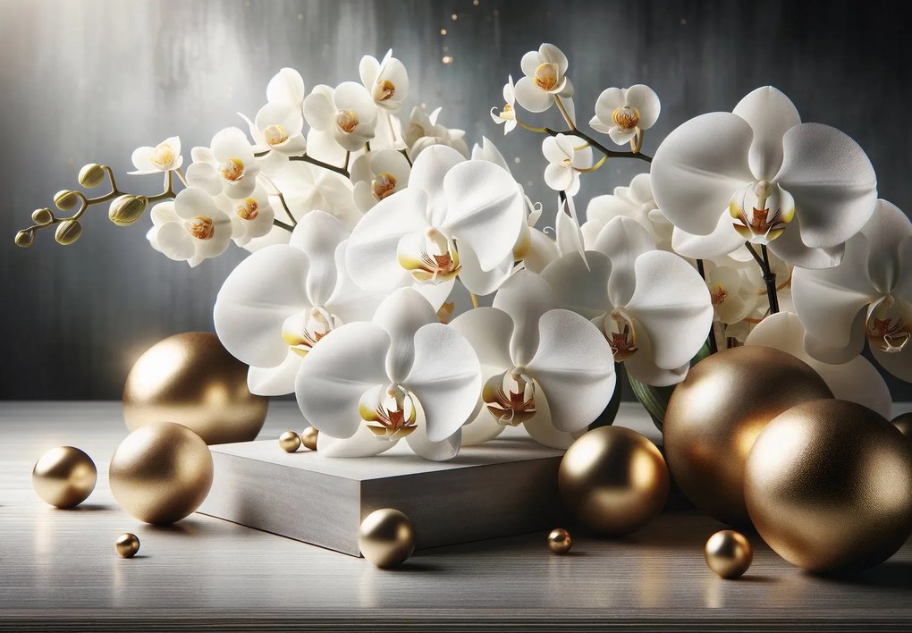 Fototapeta - Orchidea i złote kulki (196x136 cm)