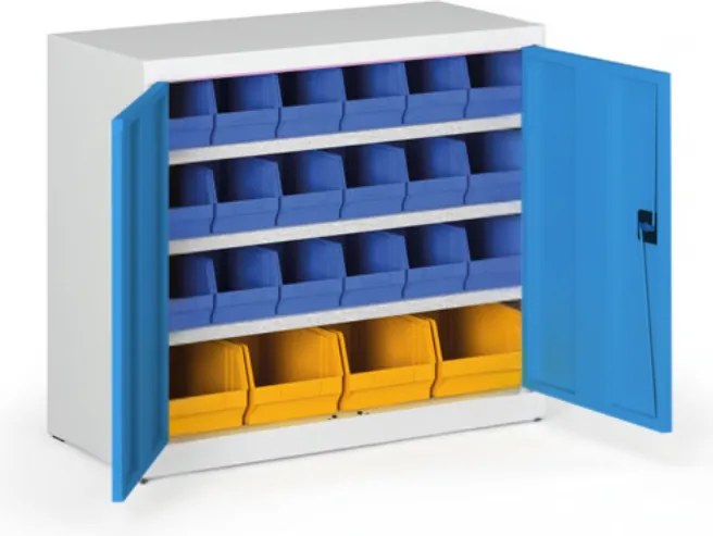Szafka z pojemnikami BASIC - 800 x 400 x 920 mm, 18x B, 4x C, drzwi szare/niebieskie
