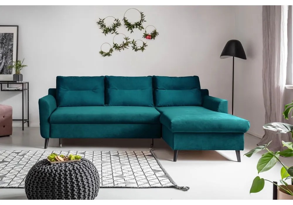 Turkusowy aksamitny narożnik rozkładany Miuform Stylish Stan, prawostronny