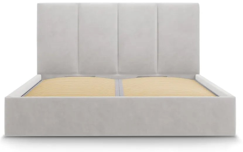 Jasnoszare tapicerowane łóżko dwuosobowe ze schowkiem ze stelażem 180x200 cm Juniper – Mazzini Beds