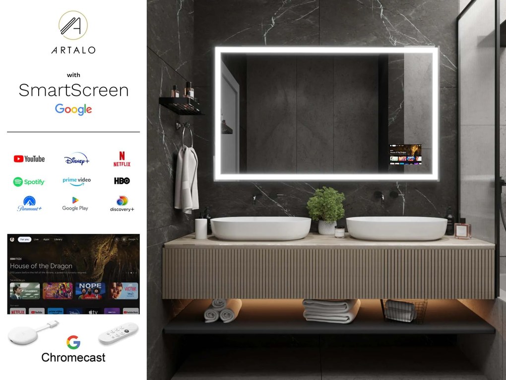 SMART LED lustro do łazienki z oświetleniem M1 premium + SmartScreen with Google Chromecast