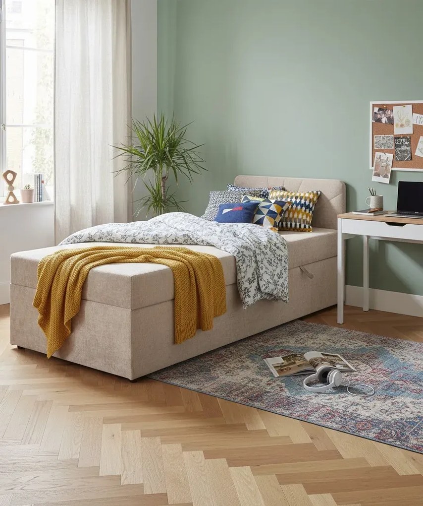 Beżowe pojedyncze łóżko tapicerowane z pojemnikiem E2-R43